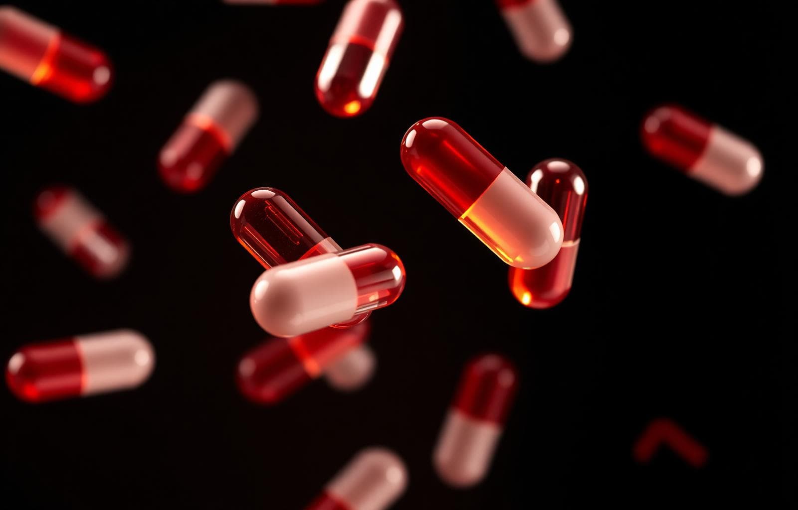 Glossy red and white pain medication capsules suspended on a black background