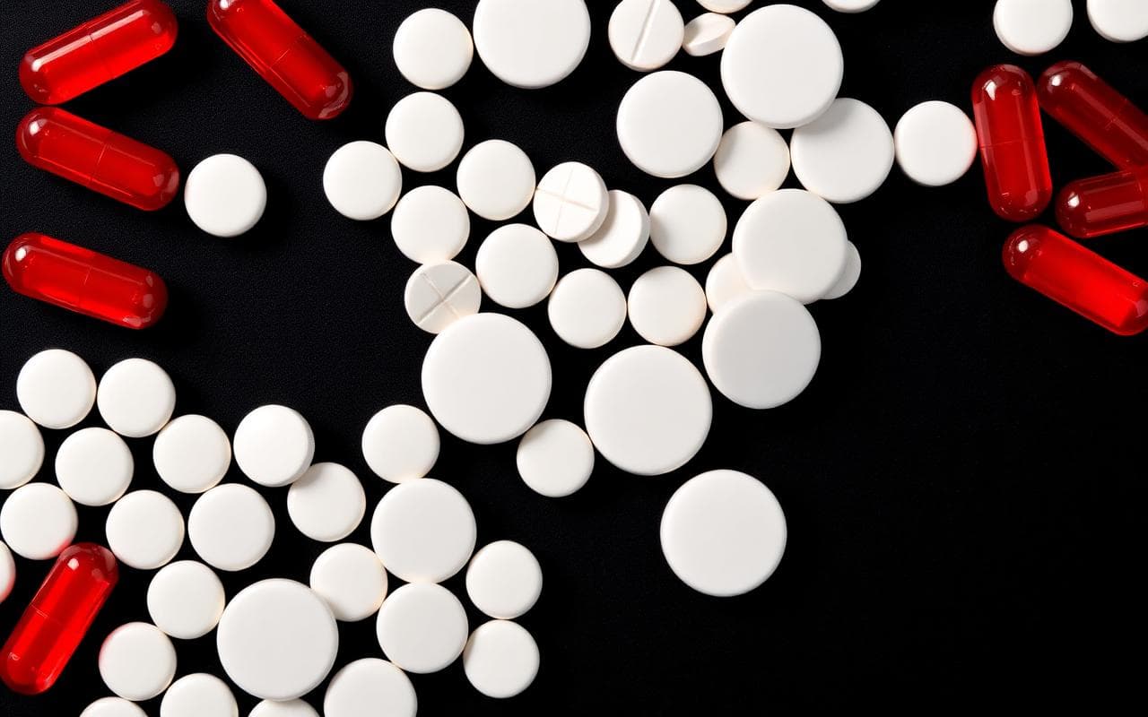 A flat lay of white tablets and red capsules arranged on a matte black surface
